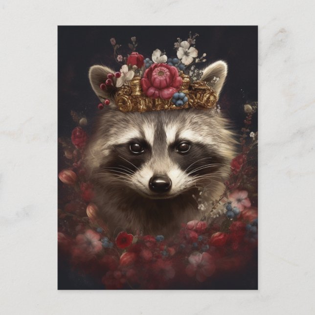 Adorable Raccoon in a Crown with Flowers Postcard (Front)