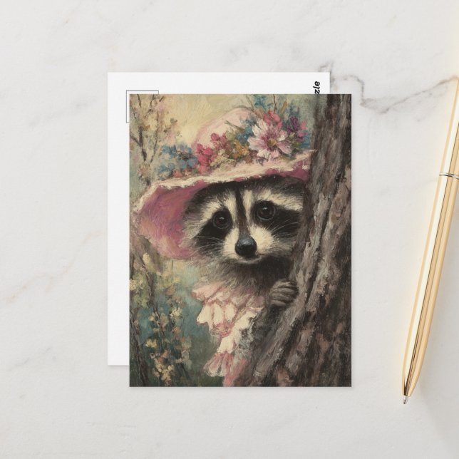Adorable Raccoon in a Pink Dress Postcard (Front/Back In Situ)