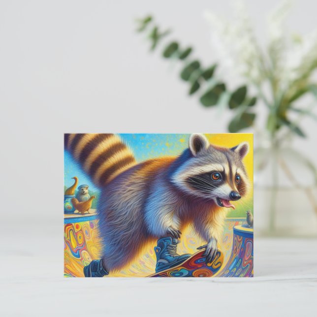Adorable Raccoon Skateboarding Postcard (Standing Front)