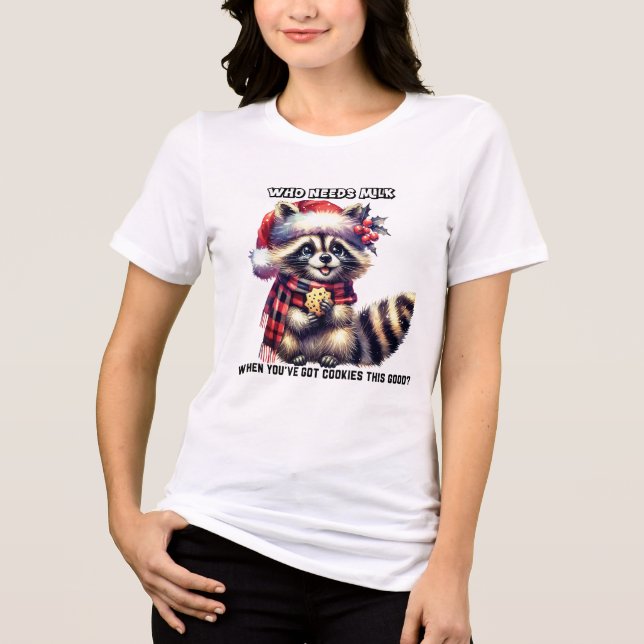 Adorable raccoon wearing a Santa hat holds cookies Tri-Blend Shirt (Front)
