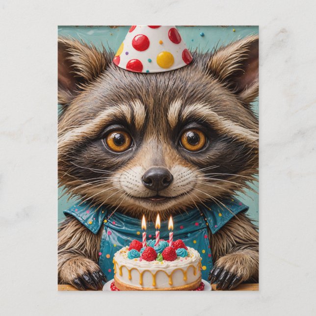 Adorable Raccoon With a Birthday Cake Postcard (Front)