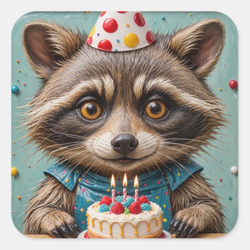 Adorable Raccoon With a Birthday Cake Square Sticker