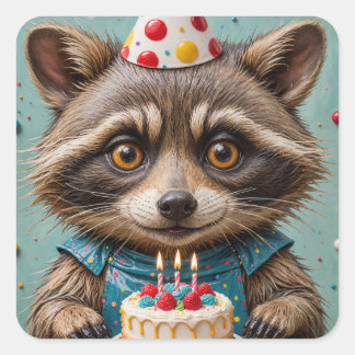 Adorable Raccoon With a Birthday Cake Square Sticker