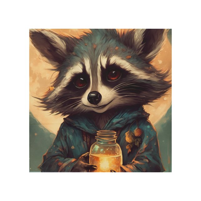 Adorable Raccoon With a Magic Potion Wood Wall Art (Front)
