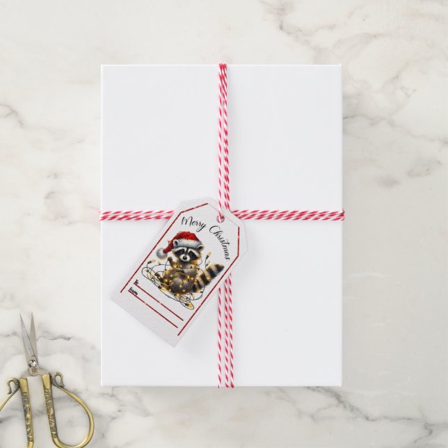 Adorable raccoon wrapped in Christmas lights tag (With Twine)