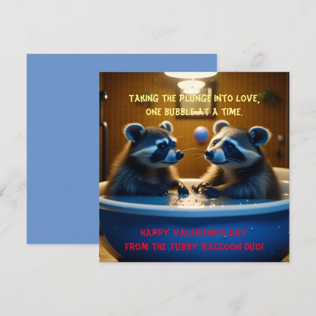 Adorable Raccoons in Bathtub Fun Valentine's Day Holiday Card (Front/Back)