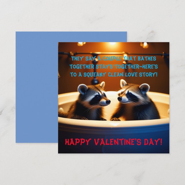 Adorable Raccoons in Bathtub Fun Valentine's Day Holiday Card (Front/Back)
