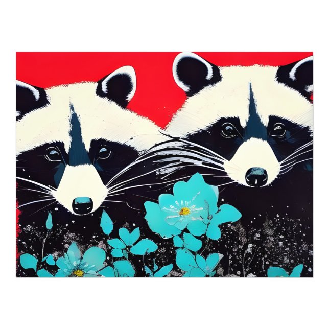 Adorable Raccoons With Blue Flowers Photo Print (Front)