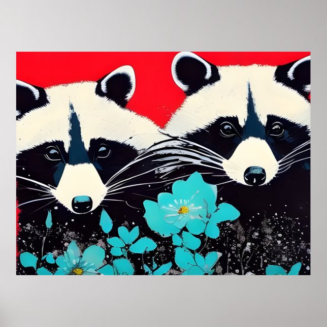 Adorable Raccoons With Blue Flowers Poster (Front)