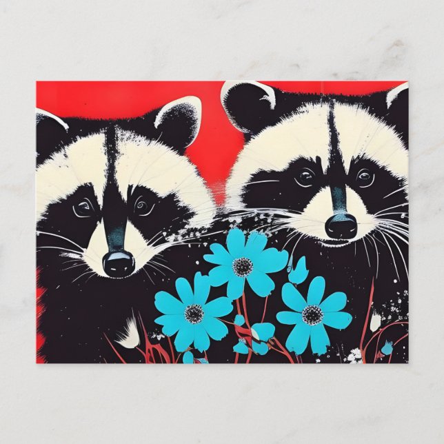 Adorable Raccoons With Blue Flowers Red Background Postcard (Front)