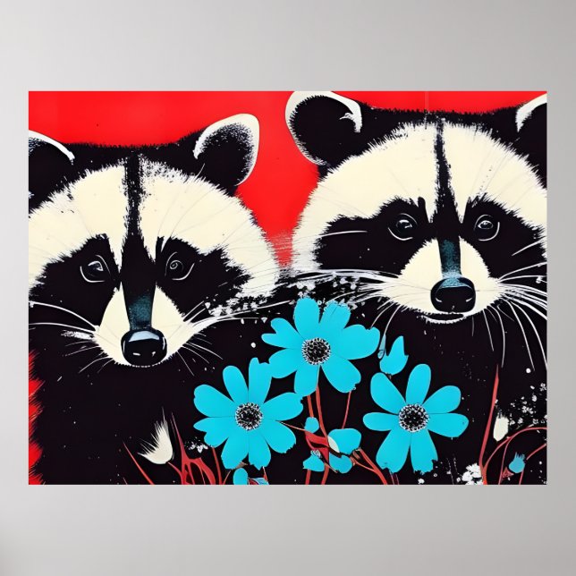 Adorable Raccoons With Blue Flowers Red Background Poster (Front)