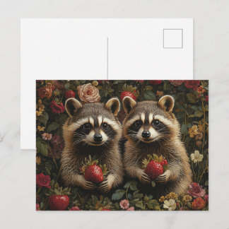 Adorable Raccoons With Strawberries Postcard