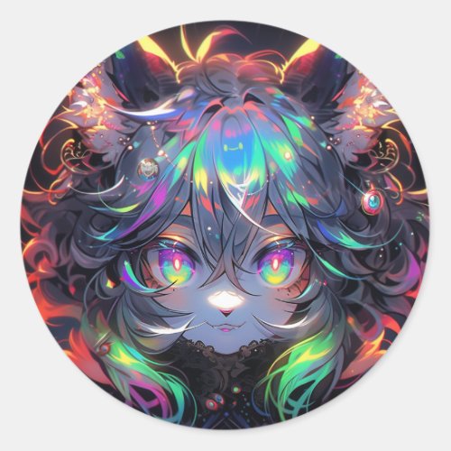 Adorable Rainbow Catgirl Furry Anime Classic Round Sticker