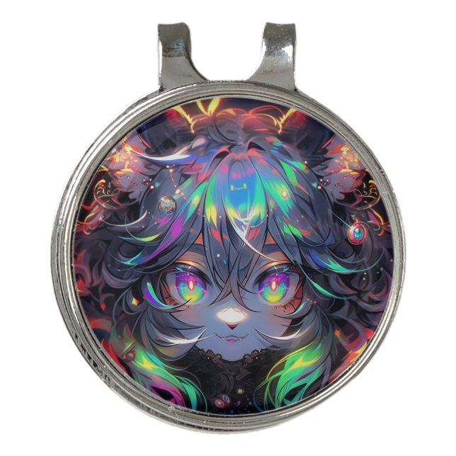 Adorable Rainbow Catgirl Furry Anime Golf Hat Clip (Front)