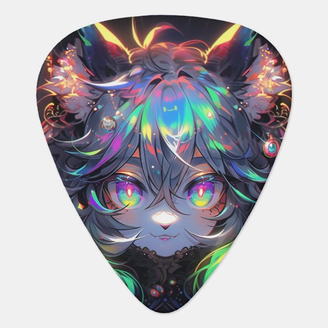 Adorable Rainbow Catgirl Furry Anime Guitar Pick (Front)