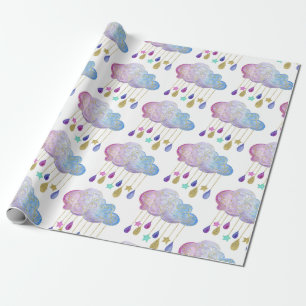 Adorable Rainbow Clouds & Gold Baby Girl Shower Wrapping Paper