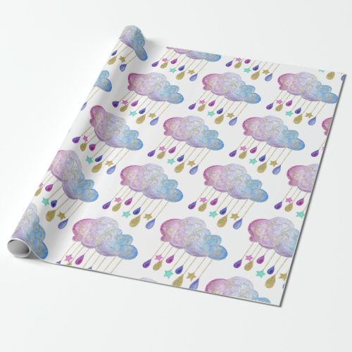 Adorable Rainbow Clouds  Gold Baby Girl Shower Wrapping Paper