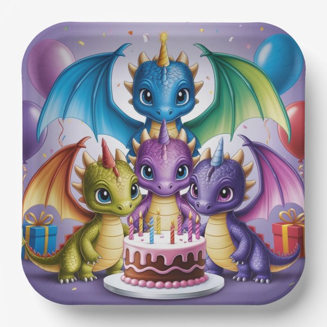 Adorable Rainbow Dragons Paper Plates (Front)