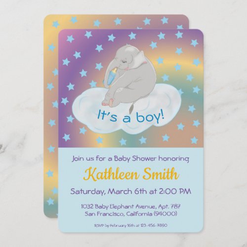Adorable Rainbow Gray Baby Elephant Baby Shower  Invitation