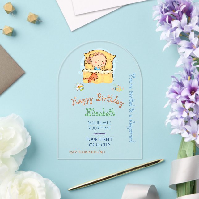 Adorable Rainbow Stick Figure Girl Sleeping Cat Acrylic Invitations (Insitu (Wedding))