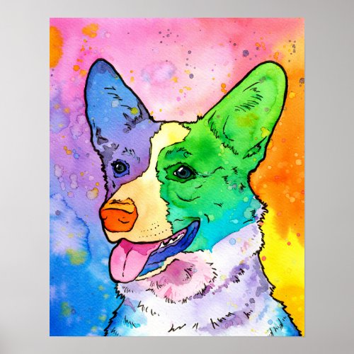 Adorable Rainbow Watercolor Corgi Poster