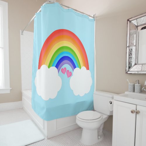 Adorable Rainbow with Clouds and Hearts Blue Shower Curtain
