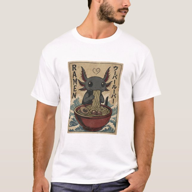 Adorable Ramen Axolotl Noodles Retro Japanese Art T-Shirt (Front)