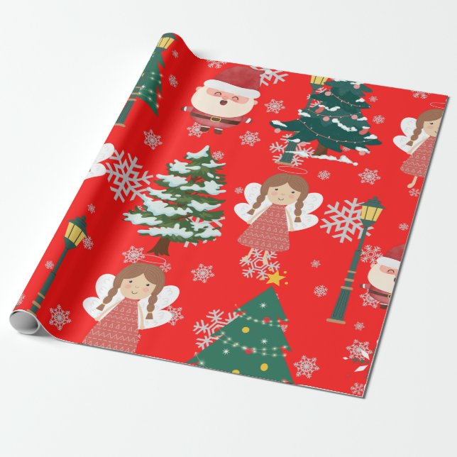 Adorable red and green Christmas pattern children  Wrapping Paper (Unrolled)