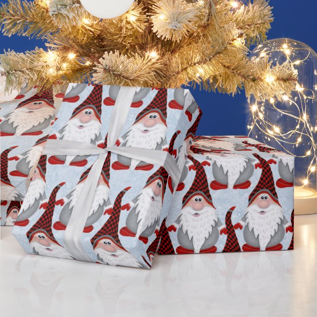 Adorable Red Black Gnome Xmas Christmas Kids Wrapping Paper (Holidays)