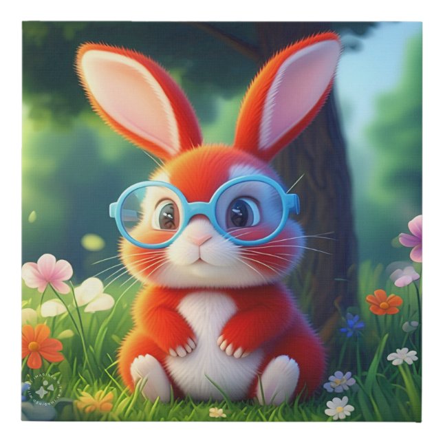 Adorable Red Bunny under Tree Cartoon-75767 Faux Canvas Print (Front)
