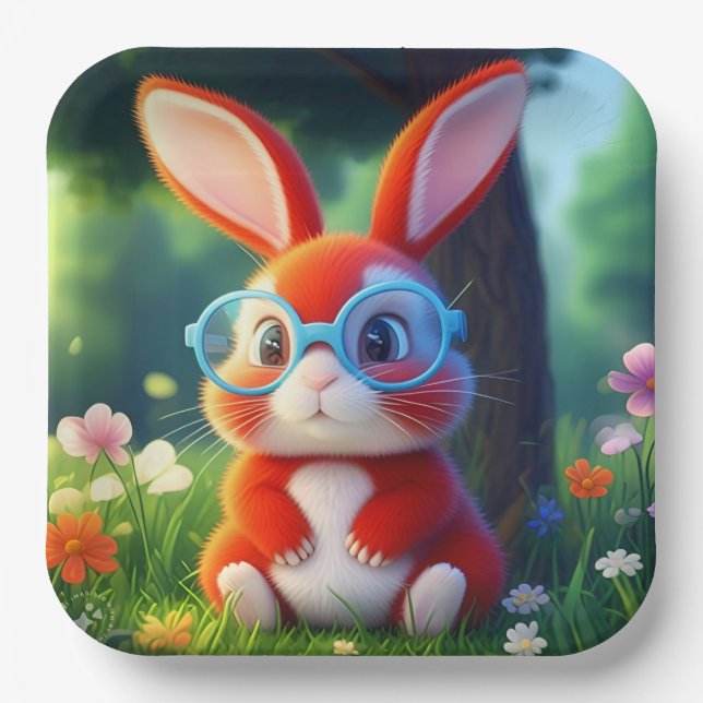 Adorable Red Bunny under Tree Cartoon-75767 Paper Plates (Front)