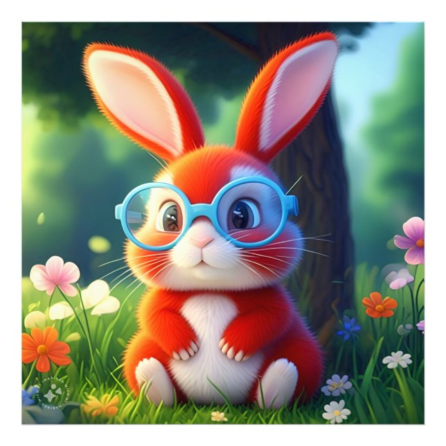 Adorable Red Bunny under Tree Cartoon-75767 Photo Print (Front)