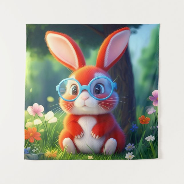 Adorable Red Bunny under Tree Cartoon-75767 Tapestry (Front)