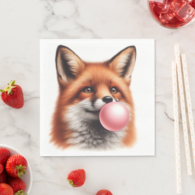 Adorable Red Fox Blowing Bubble Gum Nursery Table Napkins (Insitu)