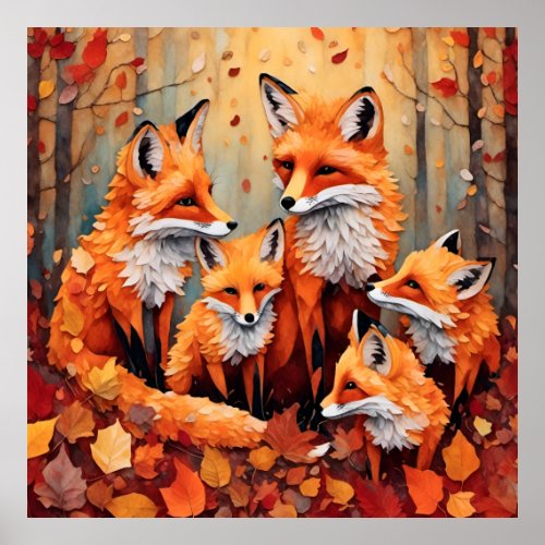 Adorable Red Fox Family in Autumn Poster