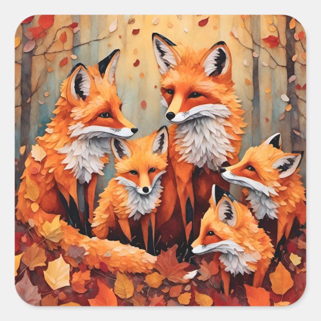 Adorable Red Fox Family in Autumn Square Sticker (Front)