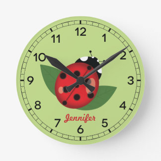 Adorable Red Ladybug Insect With Custom Name Round Clock