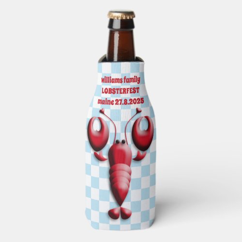 Adorable Red Lobster Heart Pincers Blue Checkered Bottle Cooler