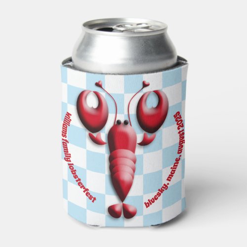 Adorable Red Lobster Heart Pincers Blue Checkered Can Cooler