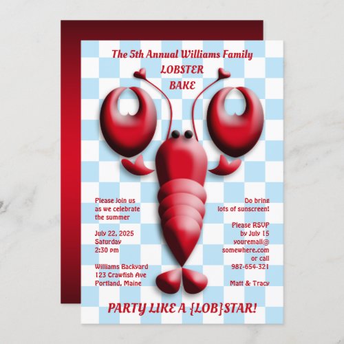 Adorable Red Lobster Heart Pincers Blue Checkered Invitation