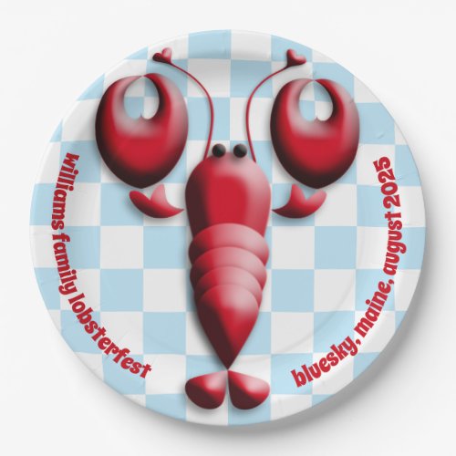 Adorable Red Lobster Heart Pincers Blue Checkered Paper Plates