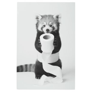 Adorable Red Panda Holding Toilet Paper Minimalist Metal Print