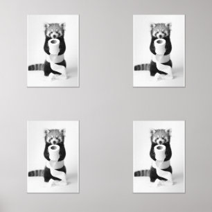 Adorable Red Panda Holding Toilet Paper Minimalist Wall Art Sets