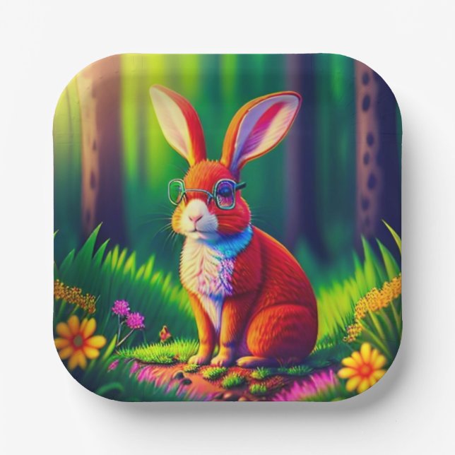 Adorable Red Rabbit Sitting on Grass Paper Plates (Front)