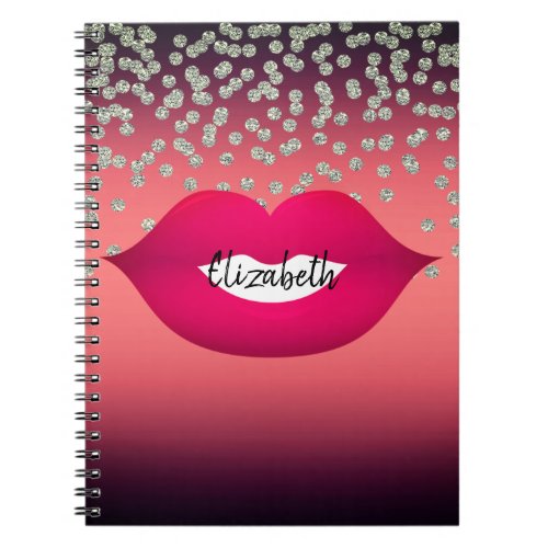 Adorable  Red Shiny Foil  Confetty DiamondLips Notebook