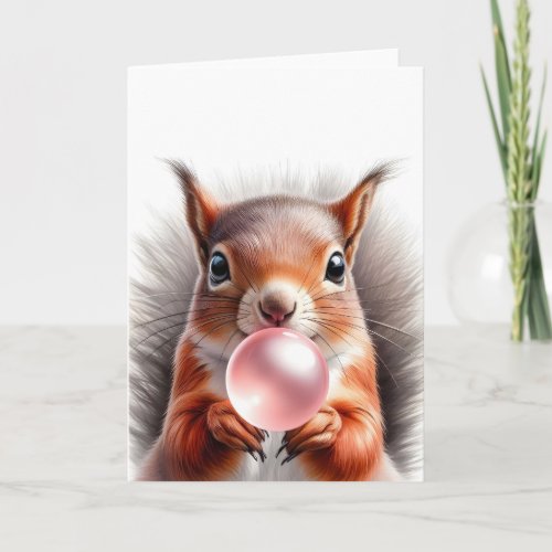 Adorable Red Squirrel Blowing Bubble Gum Blank Card