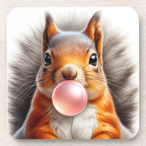 Adorable Red Squirrel Blowing Bubble Gum Nursery Beverage Coaster
