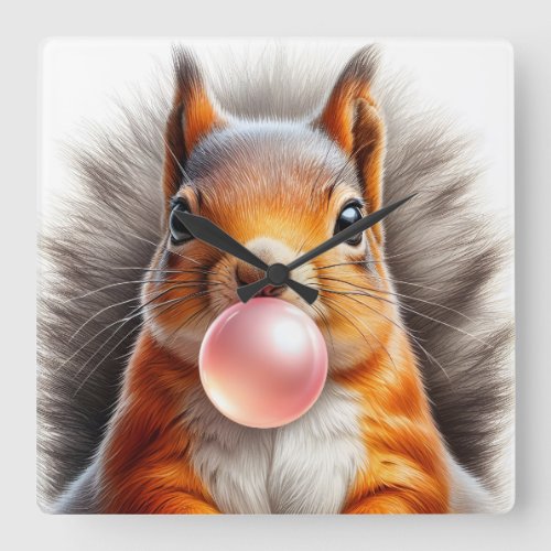 Adorable Red Squirrel Blowing Bubble Gum Nursery Square Wall Clock