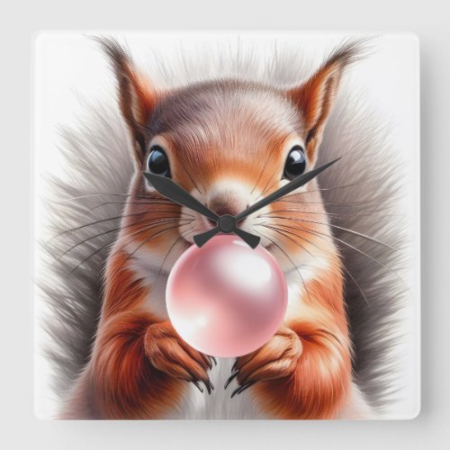 Adorable Red Squirrel Blowing Bubble Gum Nursery Square Wall Clock