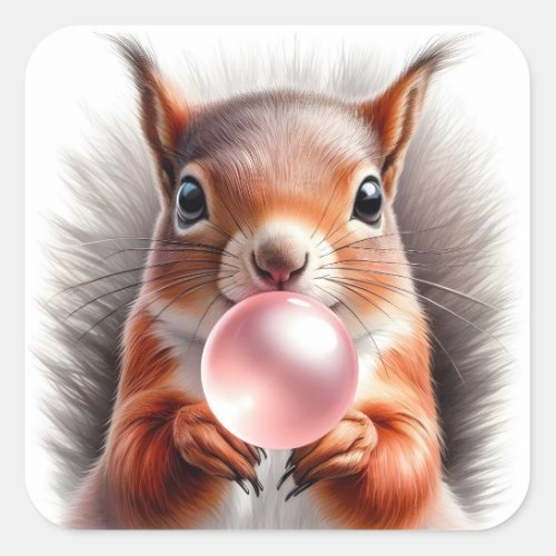 Adorable Red Squirrel Blowing Bubble Gum  Square Sticker